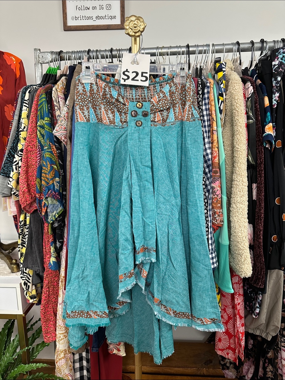 Soft Surroundings Skirt Linen Silk Boho Teal Brown Size PM